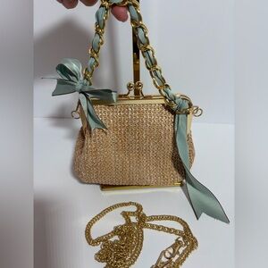 SOLD

NEW Tan Woven Bag with Gold AND RIBBON Chain